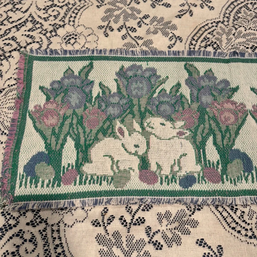 Vintage Tapestry Easter Bunny Table‎ Runner Tulips Springtime Cottagecore